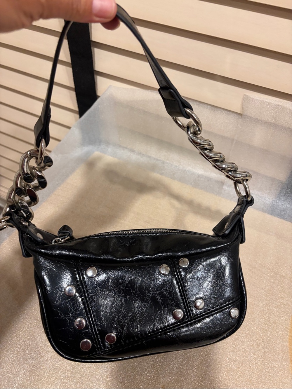 Urban Outfitters Sm Black Studded Chain-Handle Shoulder Bag - shiny faux leather